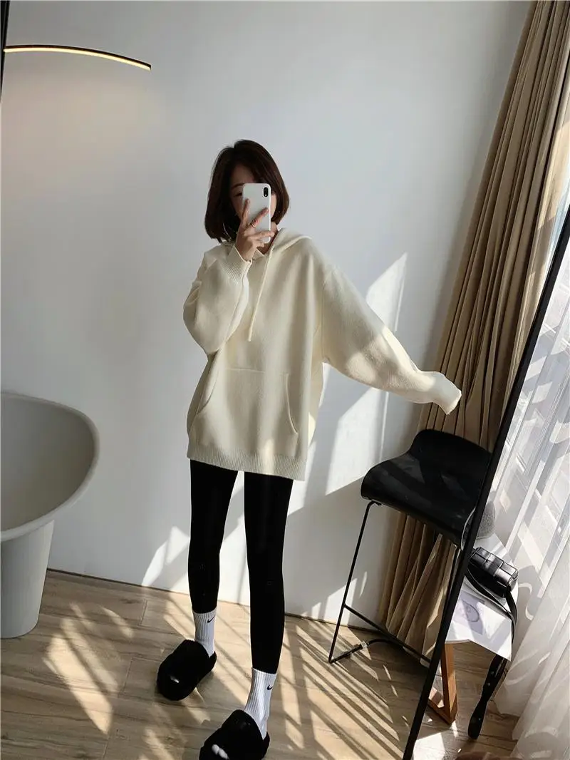 

Women's Thiened Hooded Fce Sweater Winter New Mid-Length Loose Outerwear Knitted Top Coat No Pilling Straight Tube Sle