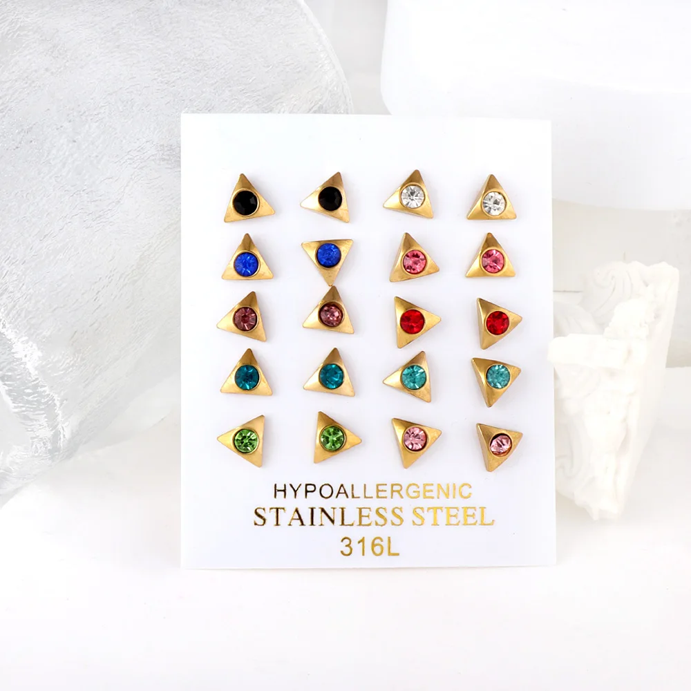 LUXUKISSKIDS Mix Color Cubic Zirconia Studs Geometric Triangle Tiny Flower Heart Shape 10Pairs Wholesale Earrings Small Business