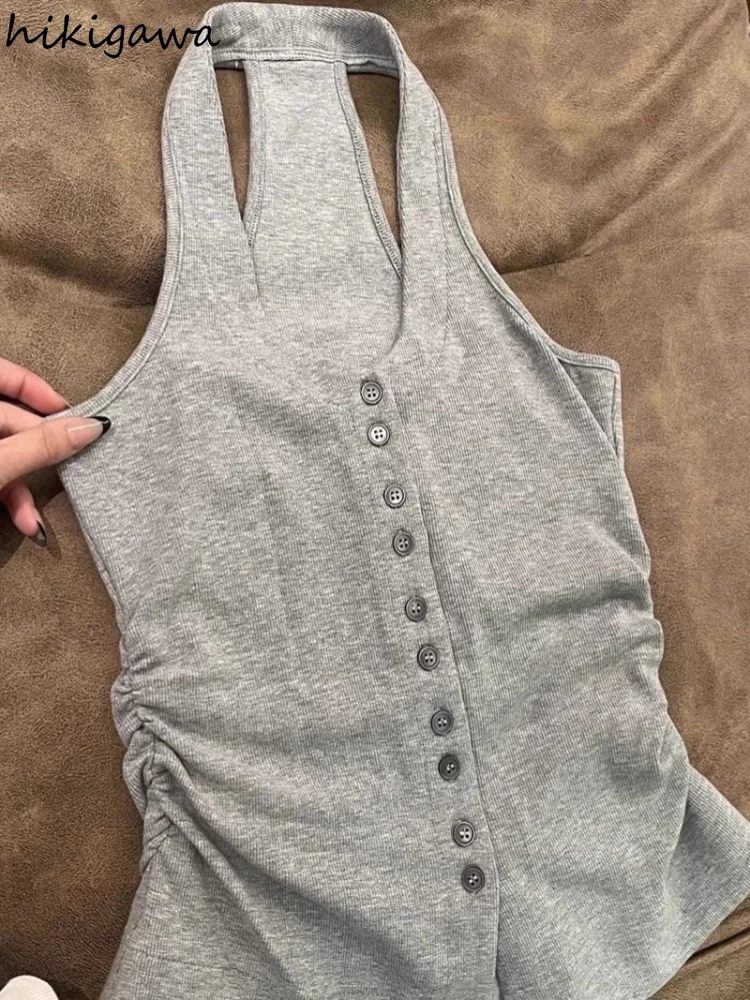 

Korean Vest Women's Clothing Single-breasted Slim Fit Tees Folds Sleeveless Square Collar Camis Backless Chic Sexy Summer Tanks