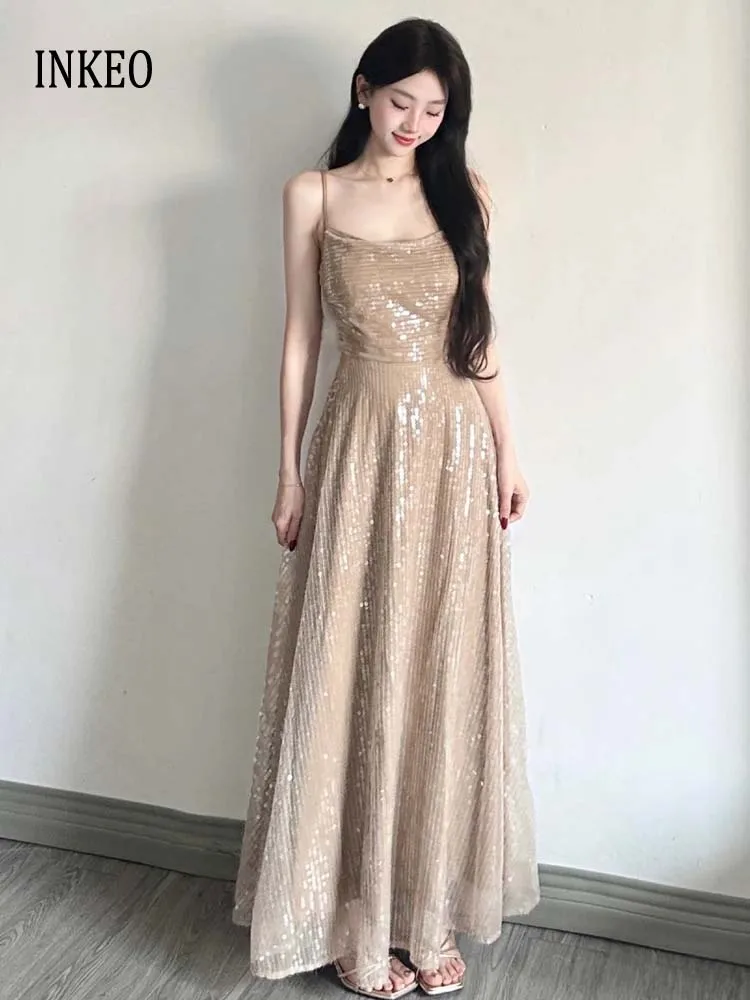 Evening party Women Sequined Maxi dress for women 2024 Summer Sexy Fold Backless sleeveless Long dresses Slim Lady INKEO 4D041