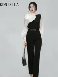 Two Piece Set for Women Spring Summer New Sexy Lantern Sleeve Shirt Elegant Women's Sets Belt High Waist Ninth Pants Suits 2024