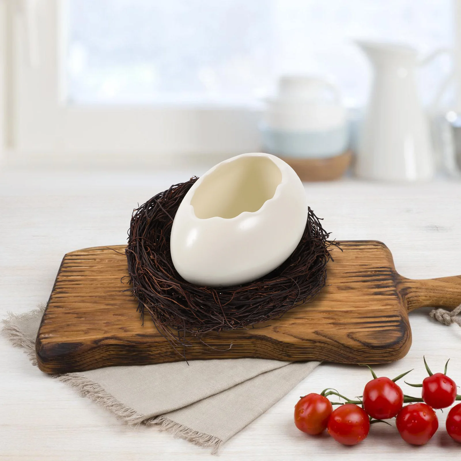 

Shaped Bowl Bird Nest Ceramic Dessert Serving Tray Hand Woven Rattan Safe Materials Fun Dining Experience Smooth