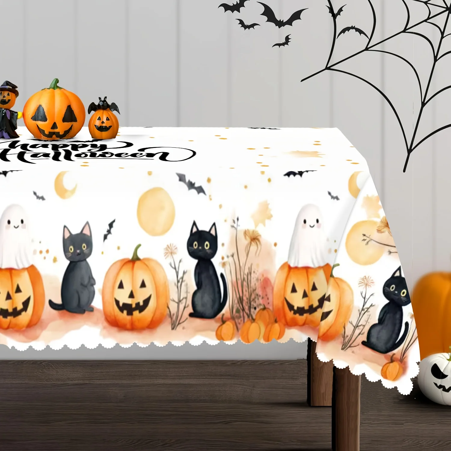 1 piece of Halloween black cat monster pumpkin ghost pattern design tablecloth, rectangular polyester tablecloth.PMJ