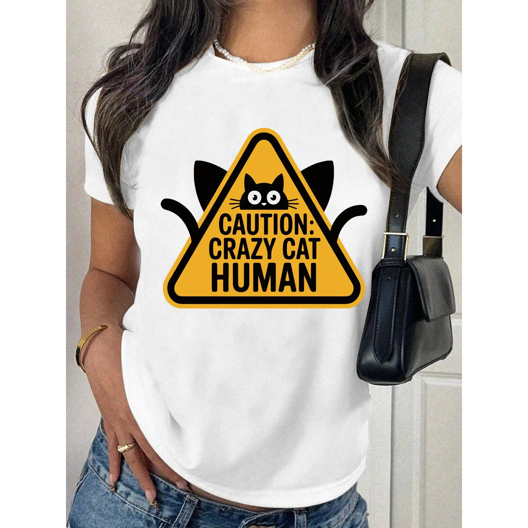 

Women Crazy Cat Human T-Shirt Funny Cat Lover Graphic Tee Humorous Warning Slogan Pet Owner Cat Mom Dad Gift Casual Top