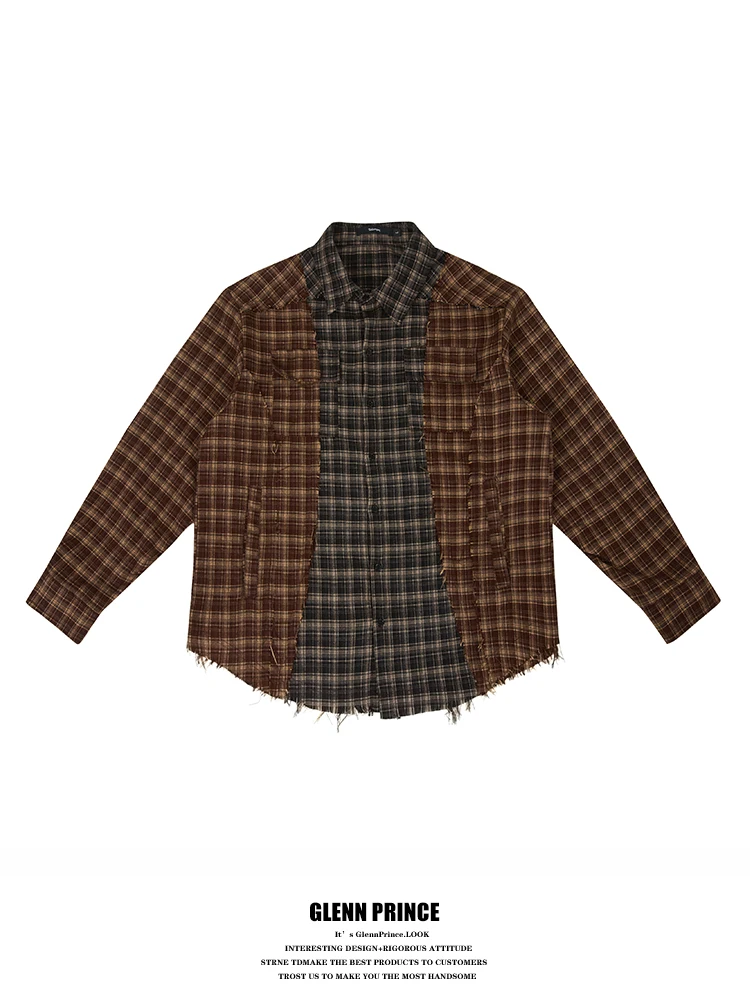 

Retro Street Patchwork Plaid Tassel Long Sve Men's irt Spring Oversize Design Sense irt Loose Fit Youth Trend