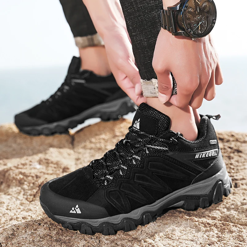 HIKEUP wysokiej jakości skórzane buty turystyczne trwałe Outdoor Sport mężczyźni Trekking skórzane buty sznurowane wspinaczka polowanie Sneakers