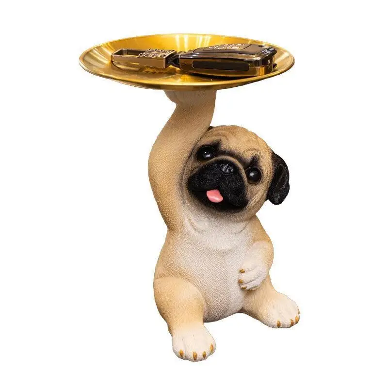 Animal Sculpture Ornaments Office Tabletop Decor Creative Pug Statue Storage Tray Cute Dog Key Candy Snack Storage Plate