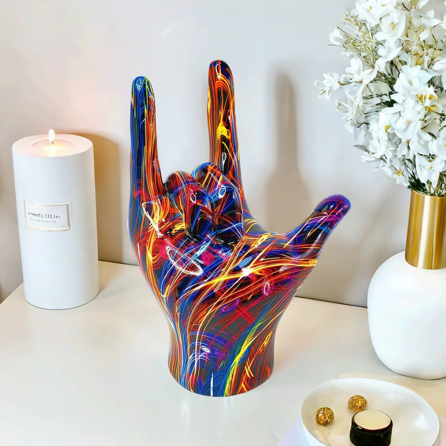 I Love You Hand Statue Graffiti Style American Resin Hand Gesture Figurine Home Decor for Living Room Entryway Desktop Gift