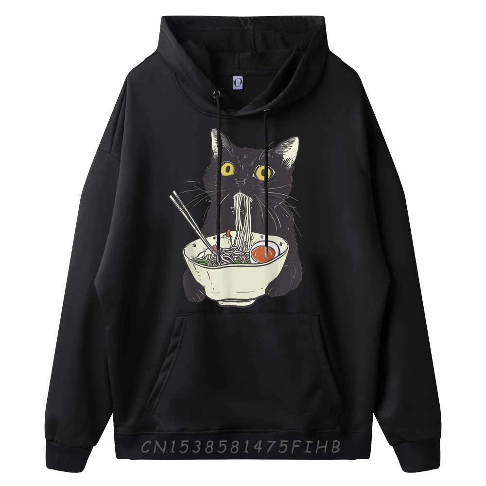 Funny Cat Eating Ramen Vintage Japanese Noodles Street Wear Hoodies Mens High Quality Print