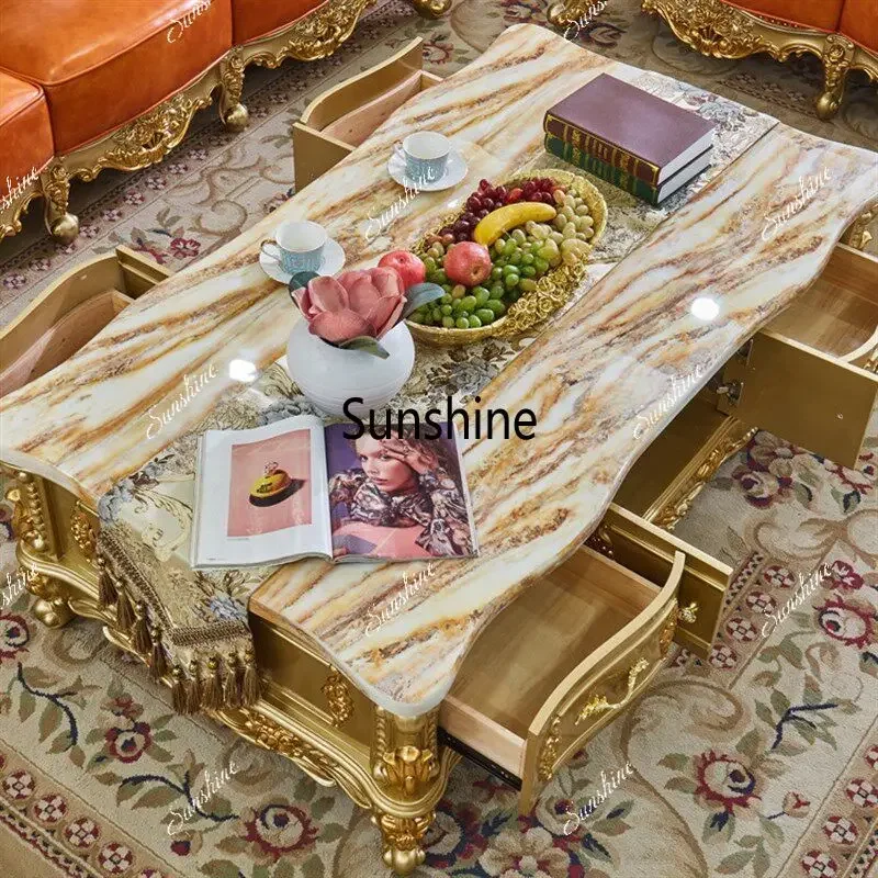 YYEuropean style, coffee table TV cabinet combination living room furniture, solid wood carving flower T noble gold