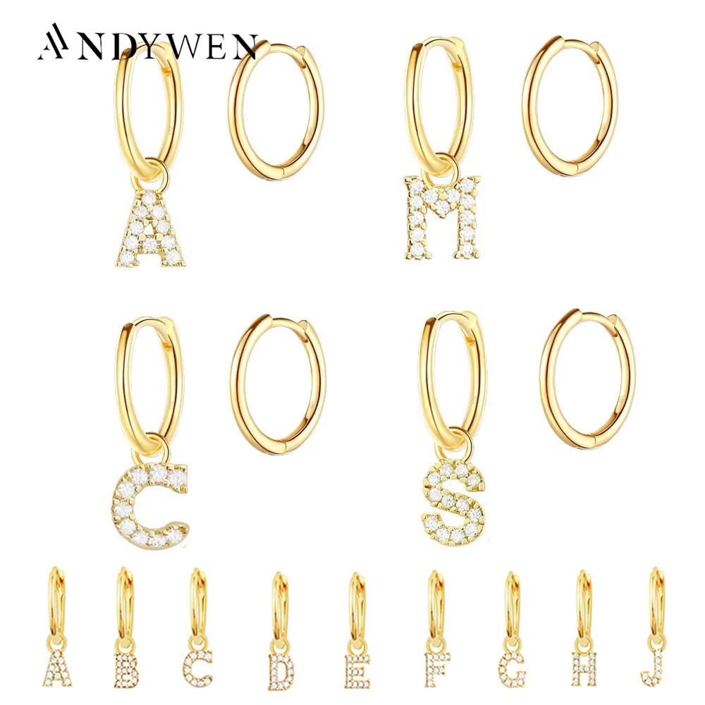 ANDYWEN 925 Sterling Silver Gold 26 Letters Drop Earring Initial A M Pendiente Piercing Ohrringe European Rock Alphabet Jewelry