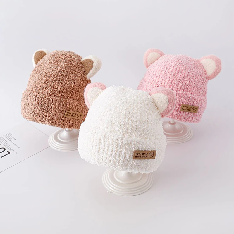 Cartoon Baby Plush Hat Winter Warm Coral Fleece Beanie Cap for Toddler Boy Girl Solid Color Cute Cat Ears Kids Knitted Hats