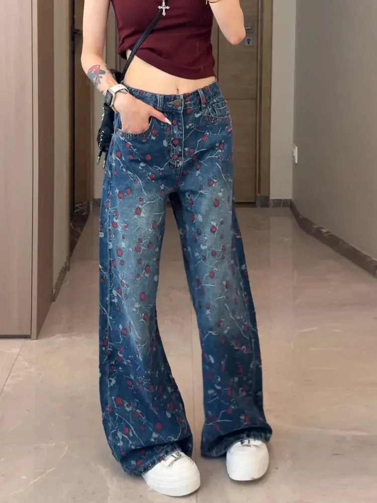 New Style Autumn Fashion Embroidered Females Wide Leg Jeans High Waisted Pocket Loose Fit Floor Length Daily Casual Denim Pants