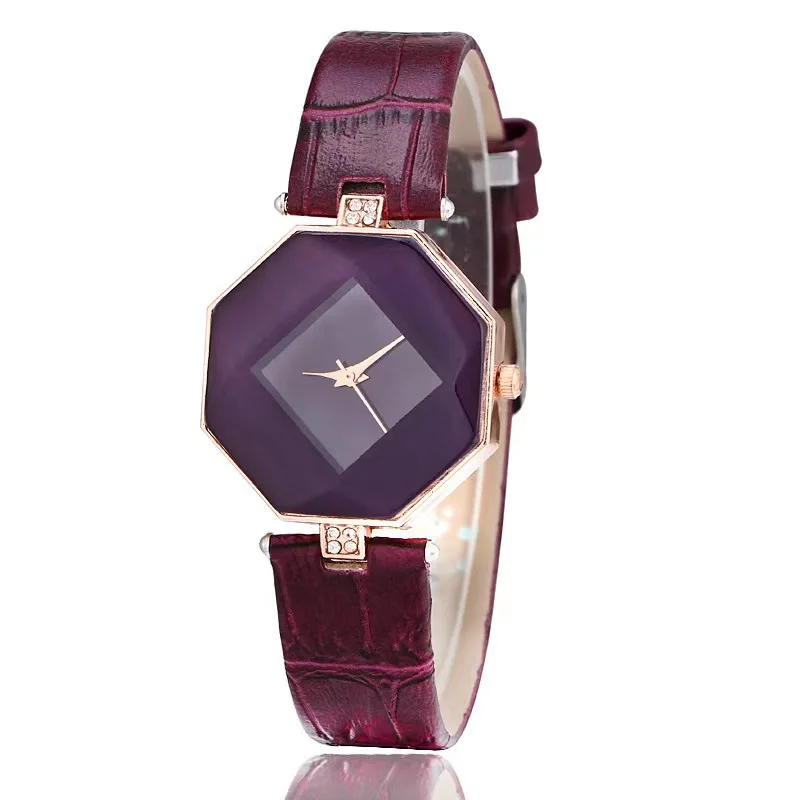 Women Watches Gem Cut Geometry Crystal Leather Quartz Wristwatch Fashion Dress Ladies Gifts Clock Relogio Feminino