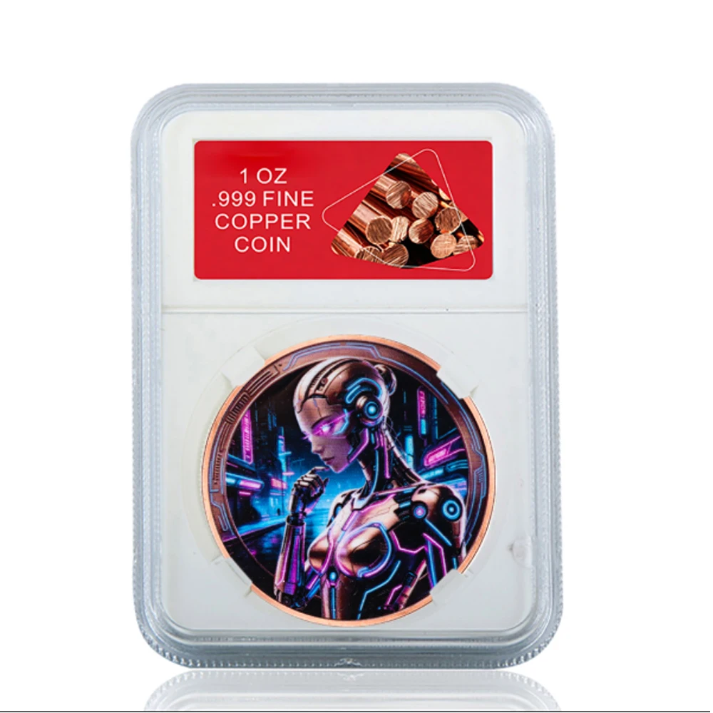 1oz .999 Fine Copper Futuristic Cyborg Lady Challenge Coin in Slab Case Cyberpunk Female Robot Pure Copper Coin Sci-Fi Souvenirs
