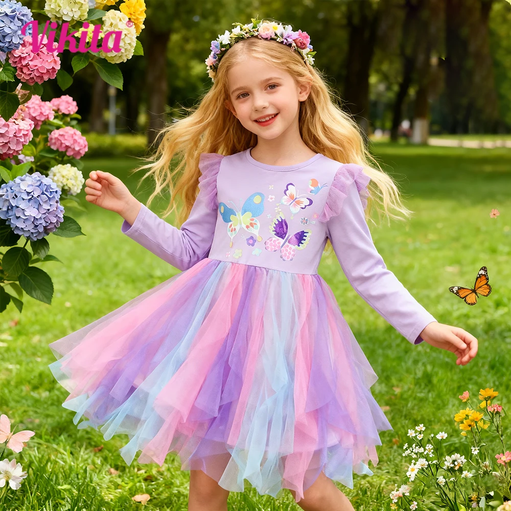 VIKITA Kleinkinder-Prinzessinnenkleid für Kinder, Schmetterlings-Blumenmuster, ausgestellte Ärmel, unregelmäßiger, bunter Tüll, Ombre-Tutu-Kleid, Kinderkleidung