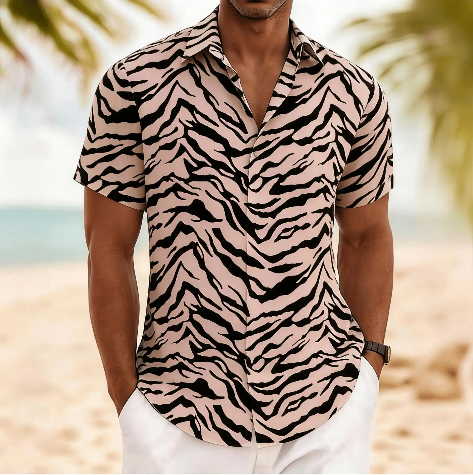 Men's Tiger Stripe Retro Style Short Sleeve Shirt, Spring Summer Edgy Casual Vacation Blouse, Loose Casual Top