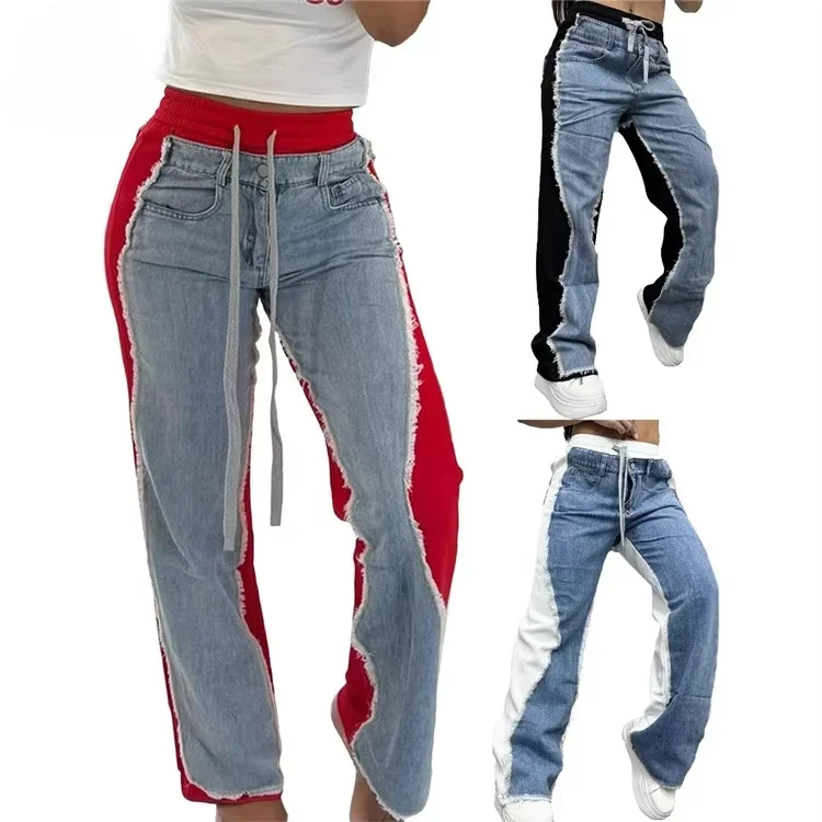 GIOIO Women Straight Drawstring Waist Wide Leg Pants Jeans 2025 Denim Patchwork Sporty Holiday Jogger Sweatpants