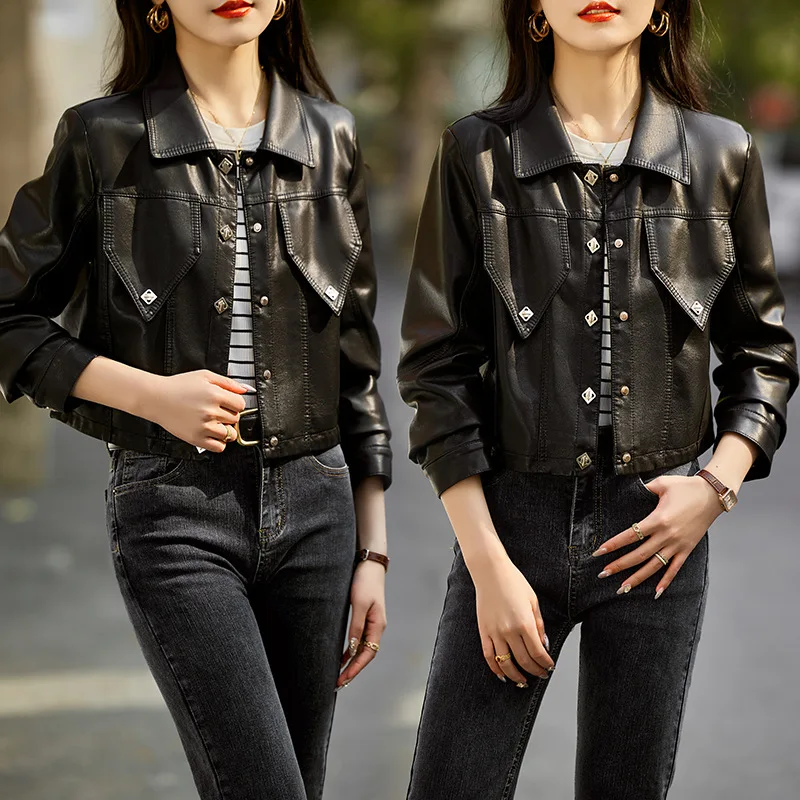 

Spring and Autumn Short Sheepskin Leather Coat for Women's 2024 New High end Small Motorcycle Wear Western Style Top