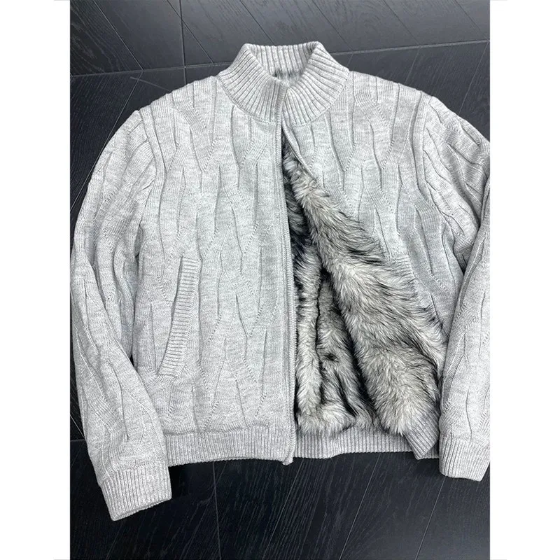 

Мужской зимний вязаный свитер-пальто в американском стиле с флисовой подкладкой, воротником-стойкой, узором «косы» и цветочным дизайном, теплый хлопковый жакет, модный