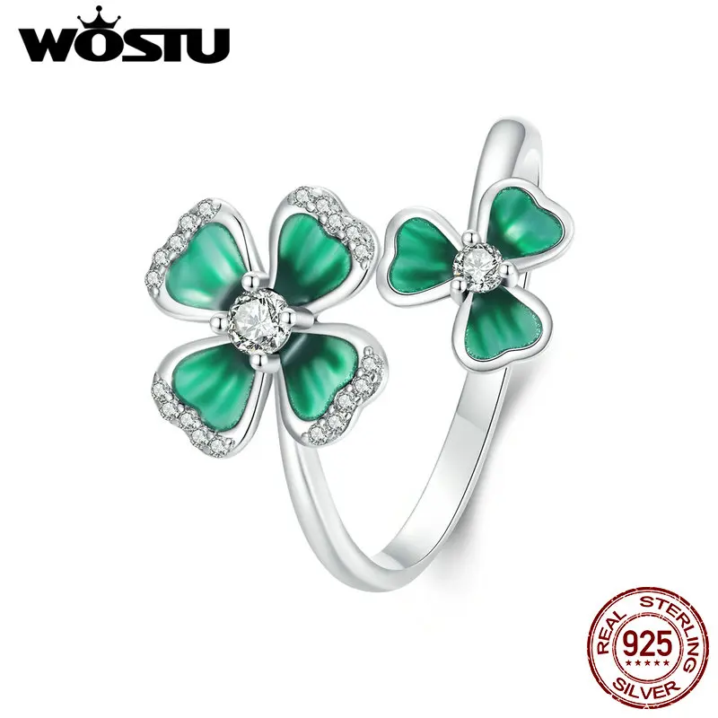 

WOSTU 925 Sterling Silver Double Lucky Clover Open Ring For Women Green Four Leaf Stackable Rings Wedding Party Birthday Gift