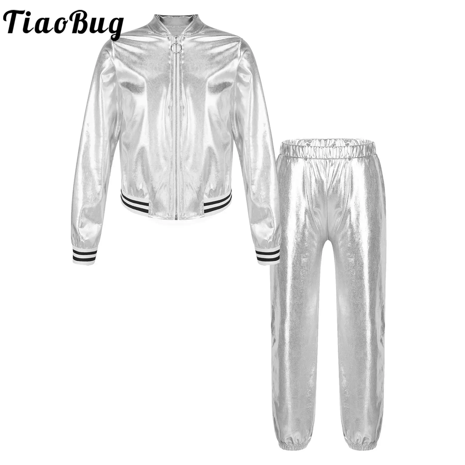 

Kids Girls Shiny Metallic Jacket Bomber Coat with Pants Outfits Holographic Modern Jazz Hip-hop Street Dance Performance Costume