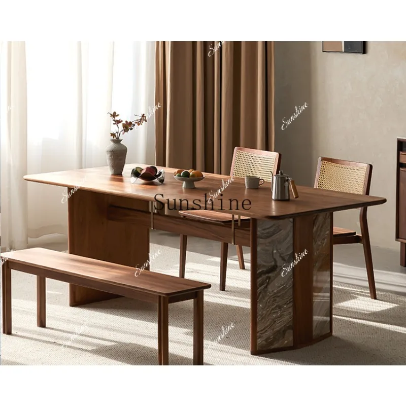

North American black walnut solid wood dining table rectangular household light luxury small apartment rock slab table FT