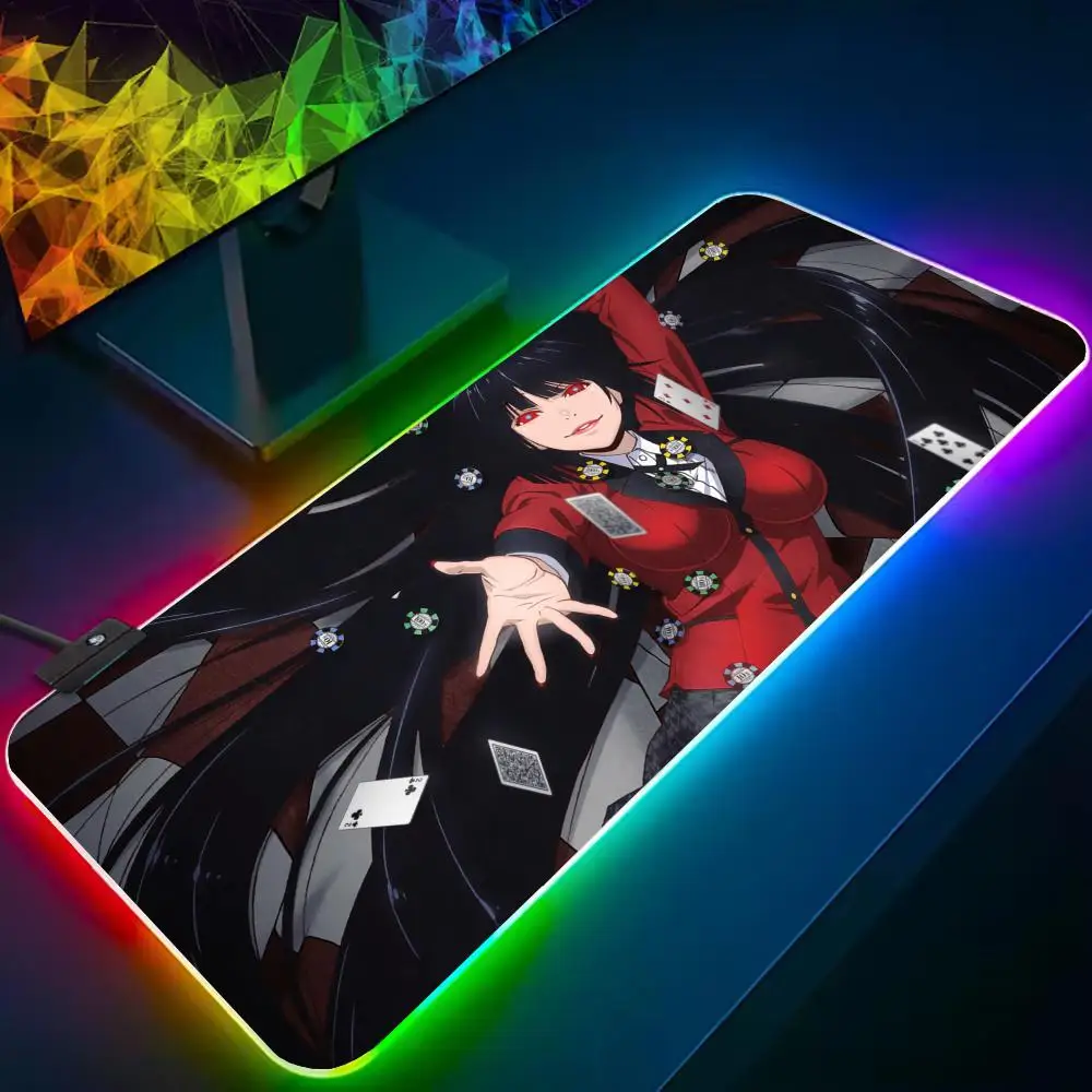 Kakegurui Yumeko Jabami Mouse Pad RGB Gaming Mousepad Big LED Pad PC Desk Mat Luminous Mouse Pad Large Keyboard Mats Table Rug W