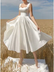 Minimalist Elegant Engagement Cocktail Party Dress Scoop Neck Short Sleeve Tea Length Italy Satin with Sleek robes de cocktail