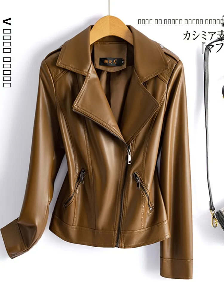  Ning Genuine Leather Jaet Women's ort Sle Casual Motorcycle Leather Coat Spring Autumn Zipper Long Sve Slim Fit