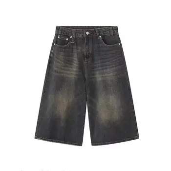 Jean Baggy rétro Y2k pour femmes et hommes, noir, taille basse, pantalon large décontracté, short en Denim effiloché, vêtements de grande taille