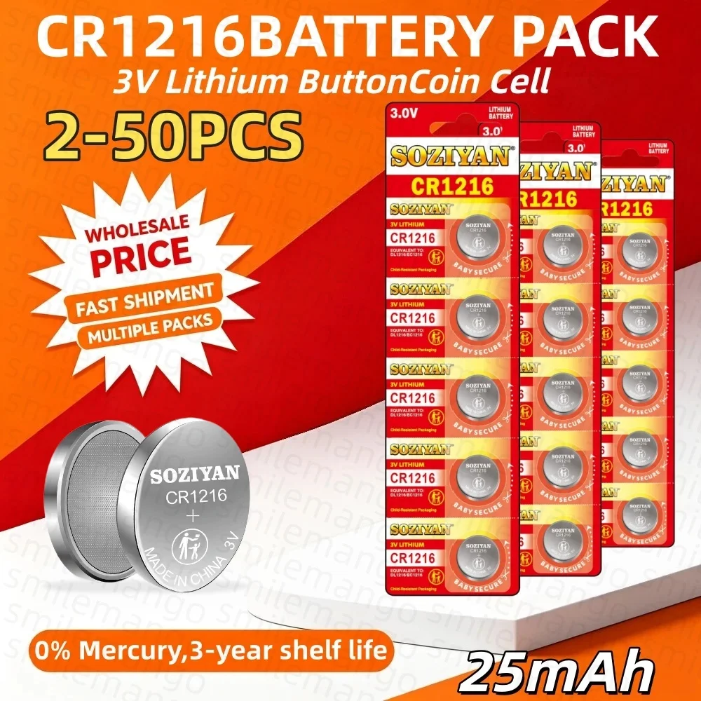 2-50PCS Button Cell Batteries CR1216 DL1216 BR1216 LM1216 ECR1216 3V Lithium Battery Coin Cells For Watch Car Toys Key