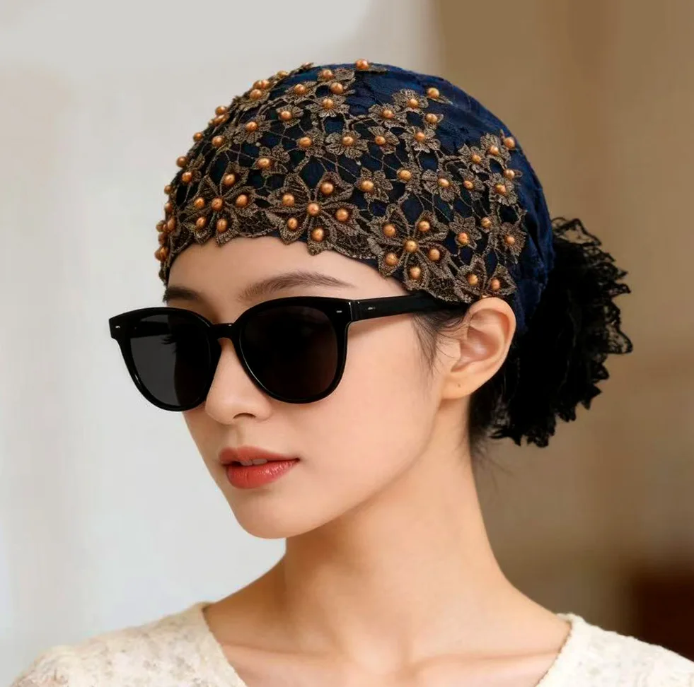 

Ethnic Style Beaded Lace Hollow Headscarf Hat - Elastic Breathable Fashion Headgear for Women Daily Wear