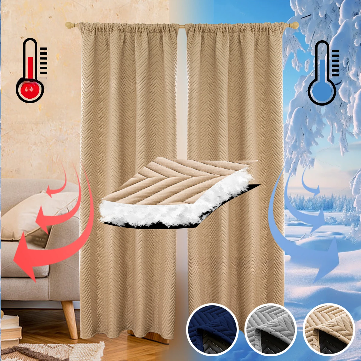 Winter Thermal Warm Folder Cotton Curtain Cold proof Windbreak Soundproof Blackout Beige Curtains for Living Room and Bedroom