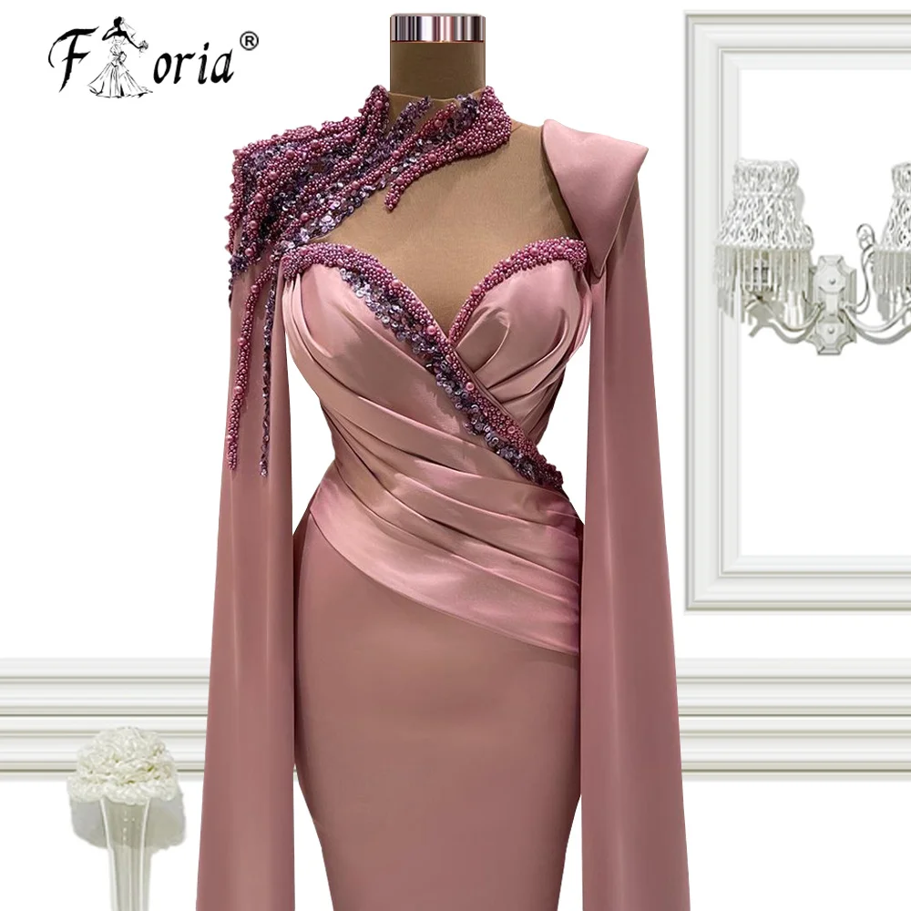 Dusty Pink Satin Evening Gowns with Wrap Sheer Jewel Neck Long Sleeve Prom Dress Custom Made Beaded Formal Vestidos De Fiesta