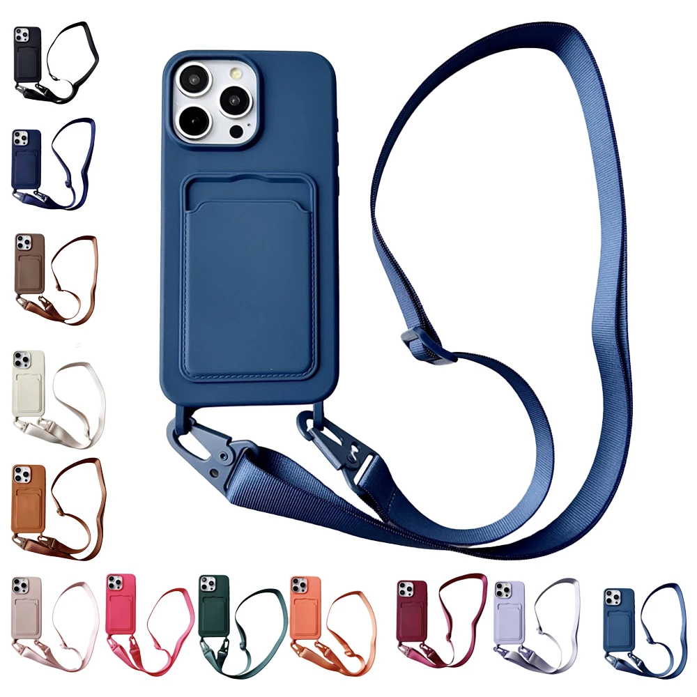 Crossbody Lanyard Necklace Rope Wallet Silicone Case For iPhone 15 Plus 14 13 12 11 Pro Max Slot Card Holder Plain Back Cover