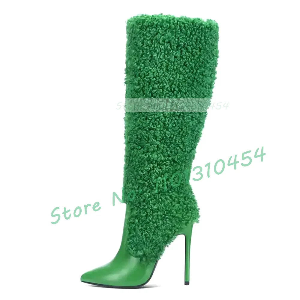 Green Wool Leather Splicing Boots Women Stylish Pointy Toe Knee High Boots Sexy Ladies Stiletto High Heel Side-zipper Dress Shoe