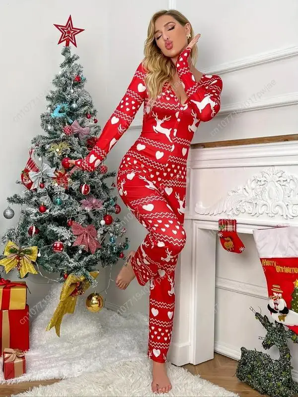 Combinaison de salon pour femmes sur le thème de Noël, motif rayé à blocs de couleurs – Vêtements de nuit confortables à manches longues et col en V pour l'automne et le W