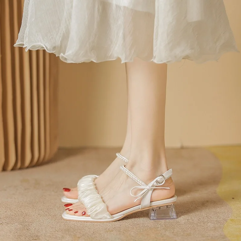 Women Sandals with Summer Strap Pearl Design Buckle Strap Sandals Comfortable Casual Fashion Women Shoes Square Heels 41-41