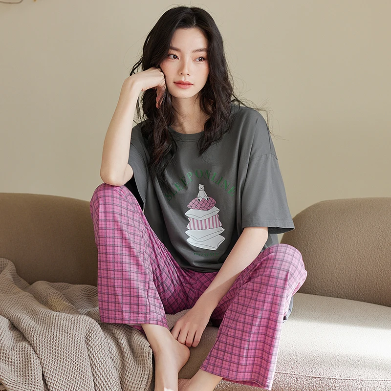 Women Nightwear Suit Summer Short Sleeve Cartoon Tops + Plaid Long Pants Pajamas Casual Tracksuit Homewear Big Yards 3XL Pijama