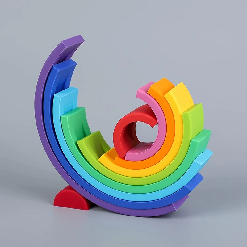 Silicone Rainbow Stacking Educational Toys For Kids Creative Rainbow Building Blocks Shapes Sorting Preschool