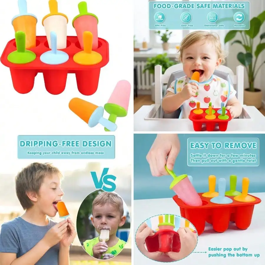 

Silicone Popsicles Molds Toddlers, 6-Cavity Non-BPA Premium Silicone Small Popsicle Molds, Mold With 6 Colorful Reusable Sticks (Red)