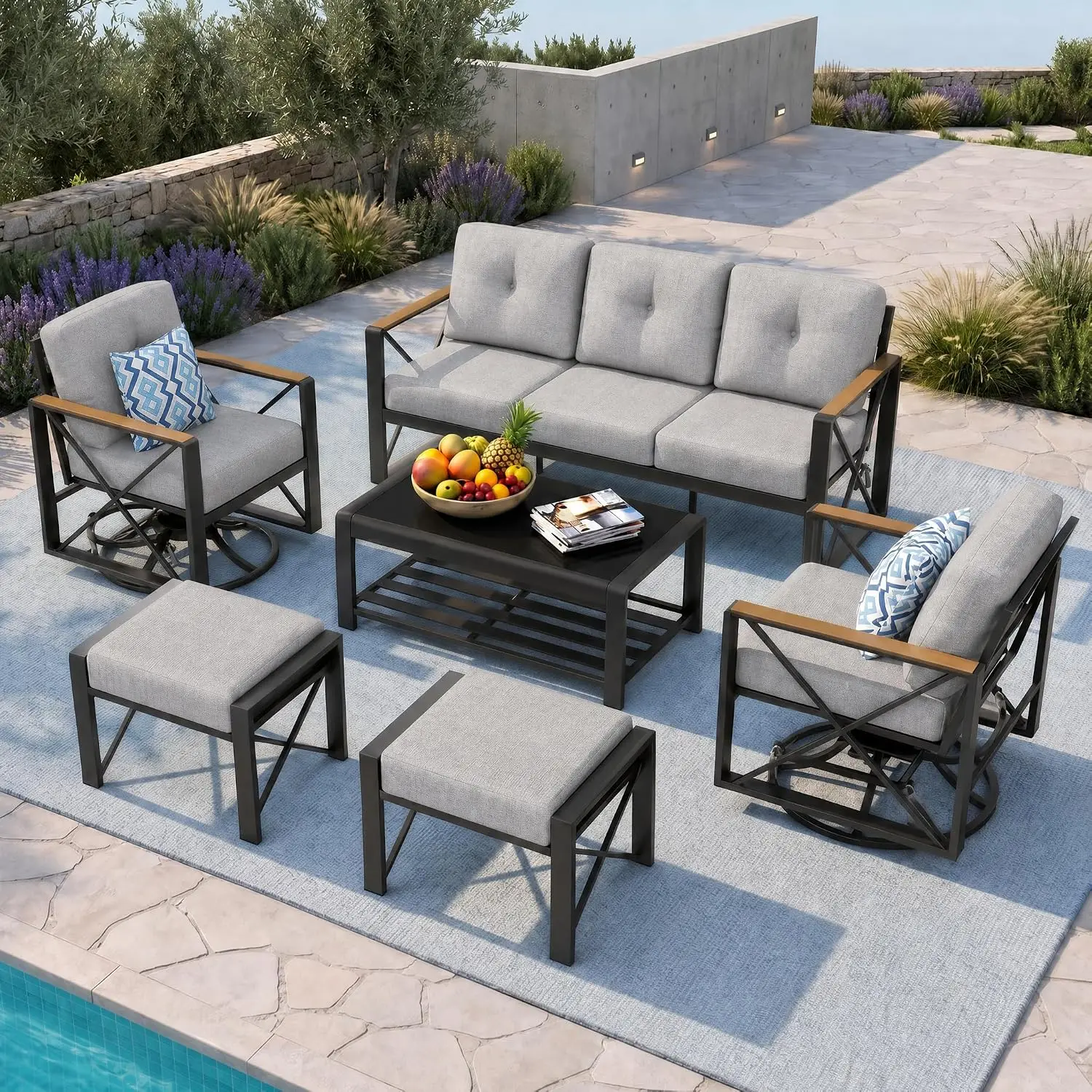 Aluminum Patio Furniture Set 6 Piece Metal Rocking Swivel Chairs Balcony Conversation Coffee Table Thick Cushions Backyard Pools