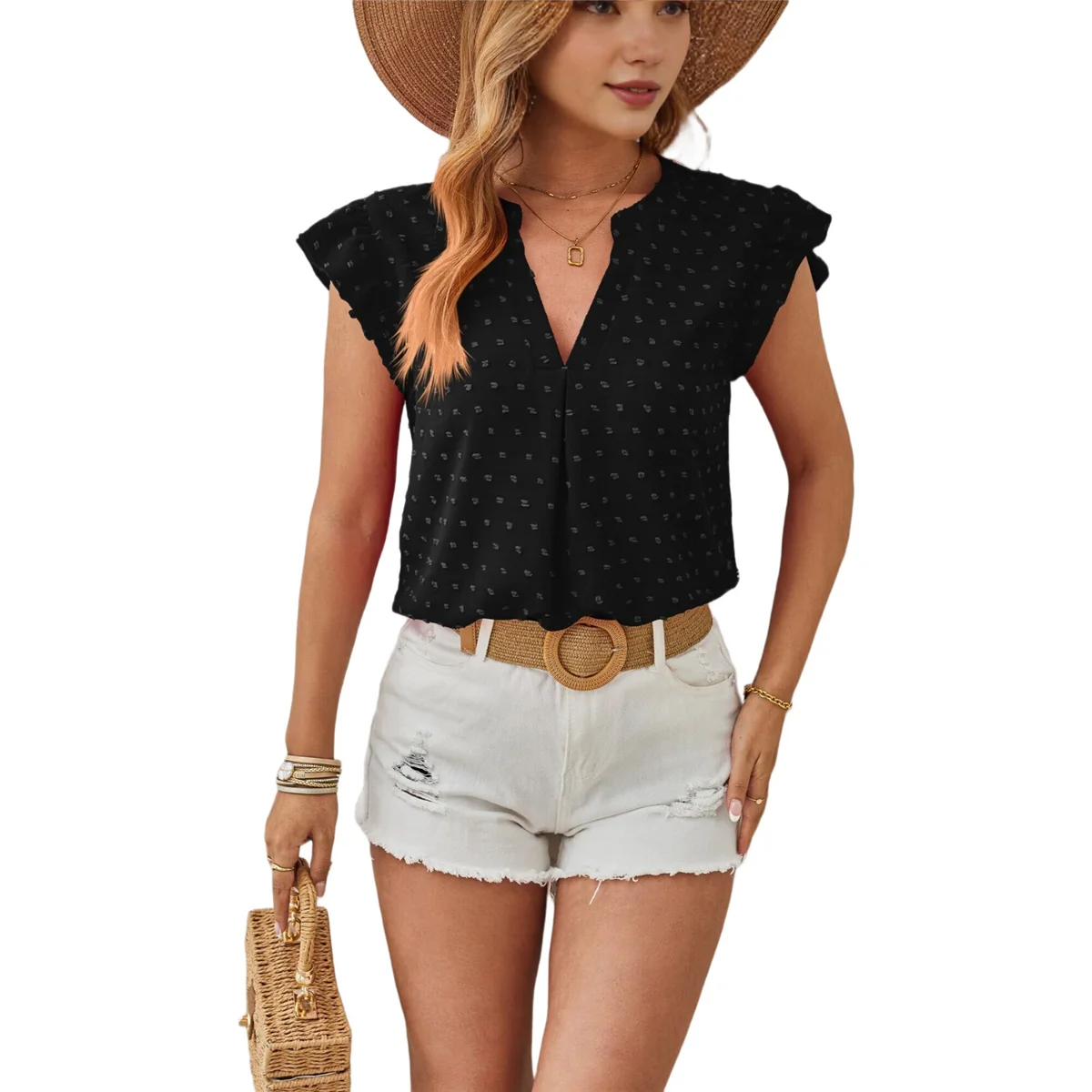 

Womens Blouse V Neck Ruffle Sleeve Flowy Shirts Dressy Casual Cute Summer Tops Black S