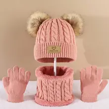 Conjunto de chapéus e luvas de pescoço para crianças de 2 a 12 anos, 3 peças, outono e inverno, fofo, confortável e quente, chapéus para meninos e meninas