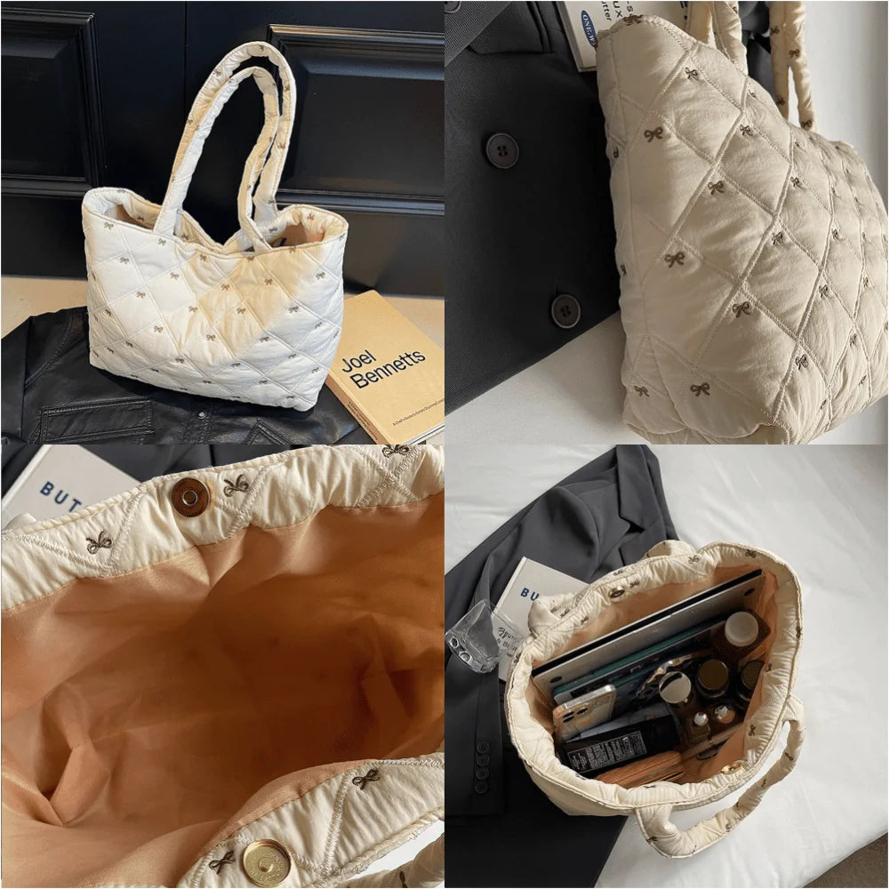 Large Capacity Lightweight Commuting Tote Bag, Autumn Winter Fashion Quilting Shoulder Bag,  Bow Embroidery Decorative Handbag view 4