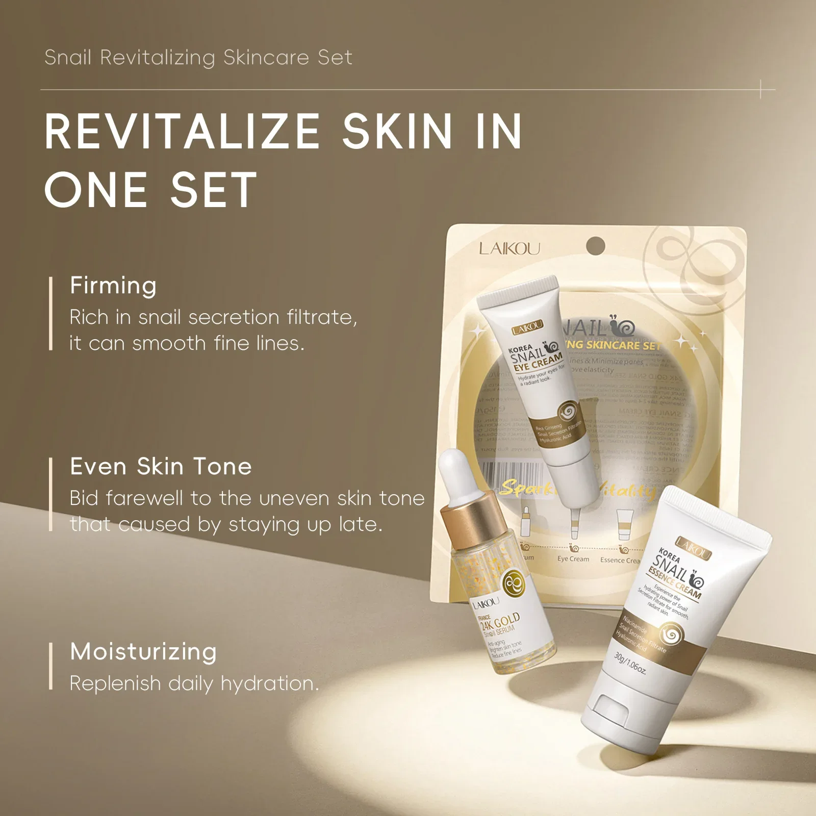Luxury 24K Gold Infused Snail Repair Serum Eye Cream Essence Set Moisturizing Smoothing Fine Lines Minimizing Pores