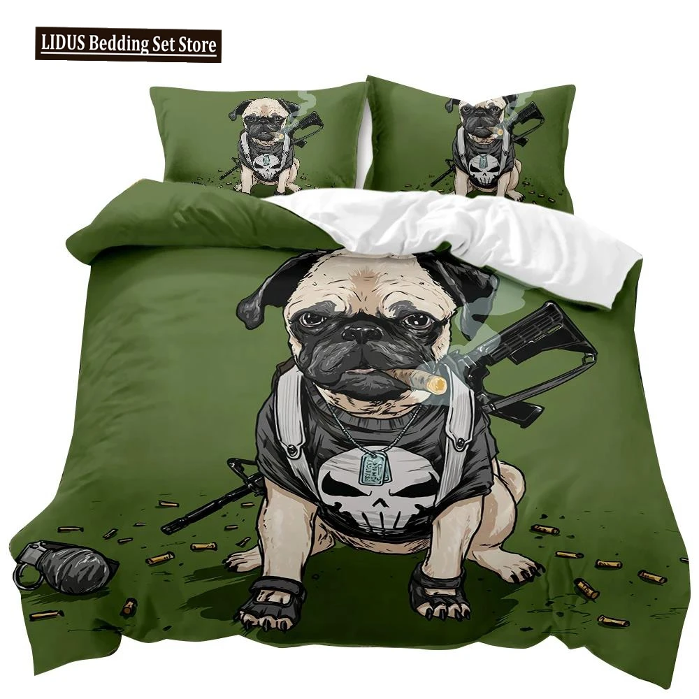 Dog Duvet Cover Set Lovely Pug Dog With Gun Bedding Set For Kids Teens Cartoon Pet Double Queen King Size Polyester Quilt Cover