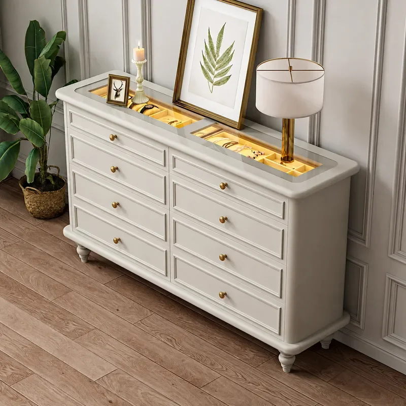 American Light Luxury Solid Wood 8 Drawer Cabinet Bedroom Bedside Storage Sofa Side Table Cream Style Wall Mounted Chest