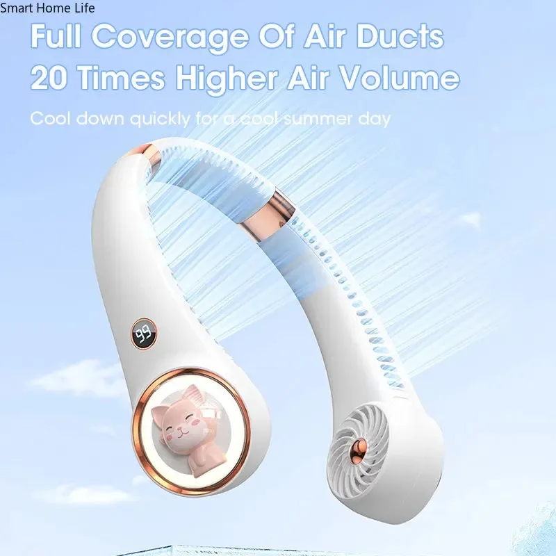 Bladeless Neck Fan USB Rechargeable 2000mAh Digital Display Mini Cute Cat Shaped Portable for Travel Outdoor Office